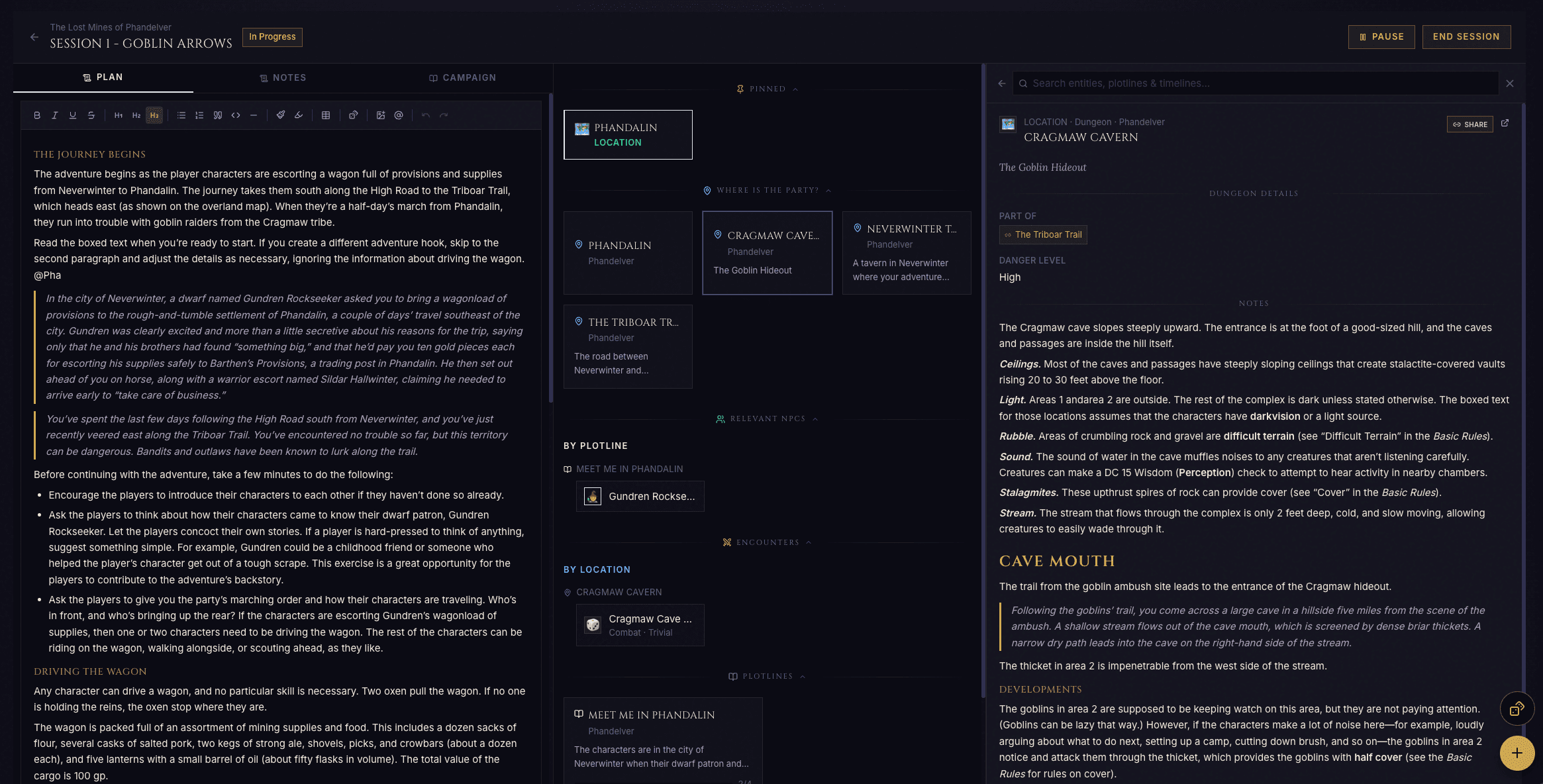 The GM Deck's three-column session runner — queued plotlines and locations on the left, live rich-text session notes in the centre, and a per-session dice log on the right.